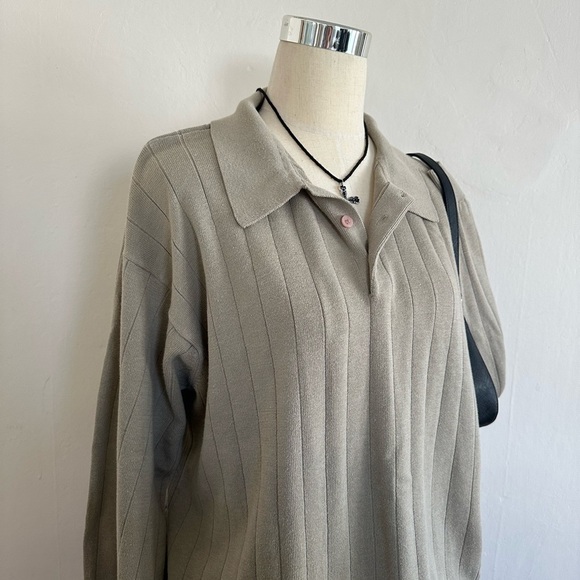 Vintage Knit Henley Polo Top Size XL Tan Grandpacore 90s Preppy Grunge Pullover - Picture 2 of 5